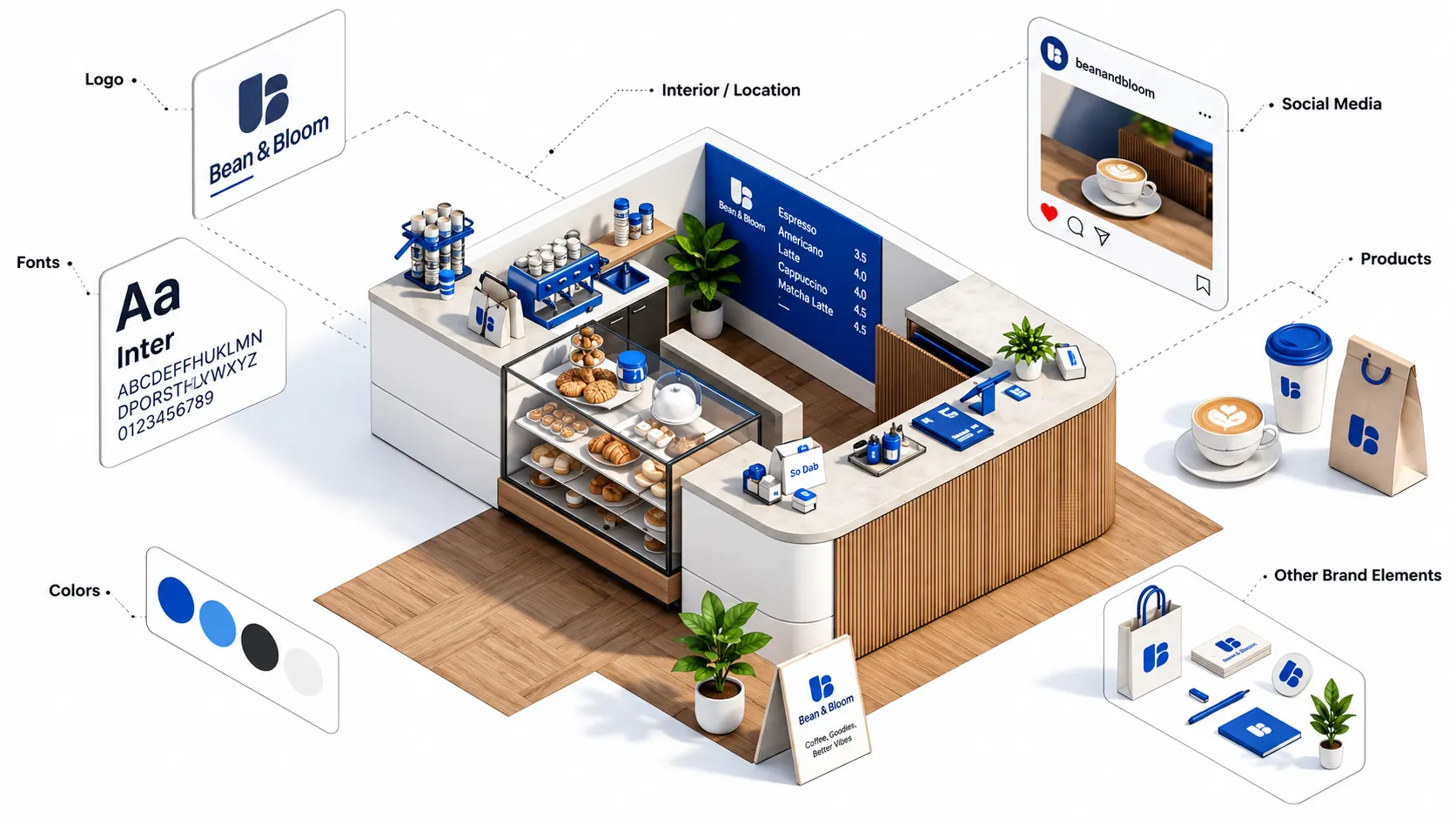 Isometric illustration of a coffee shop broken into its brand parts: logo, fonts, colors, interior, social media, products and other brand elements.