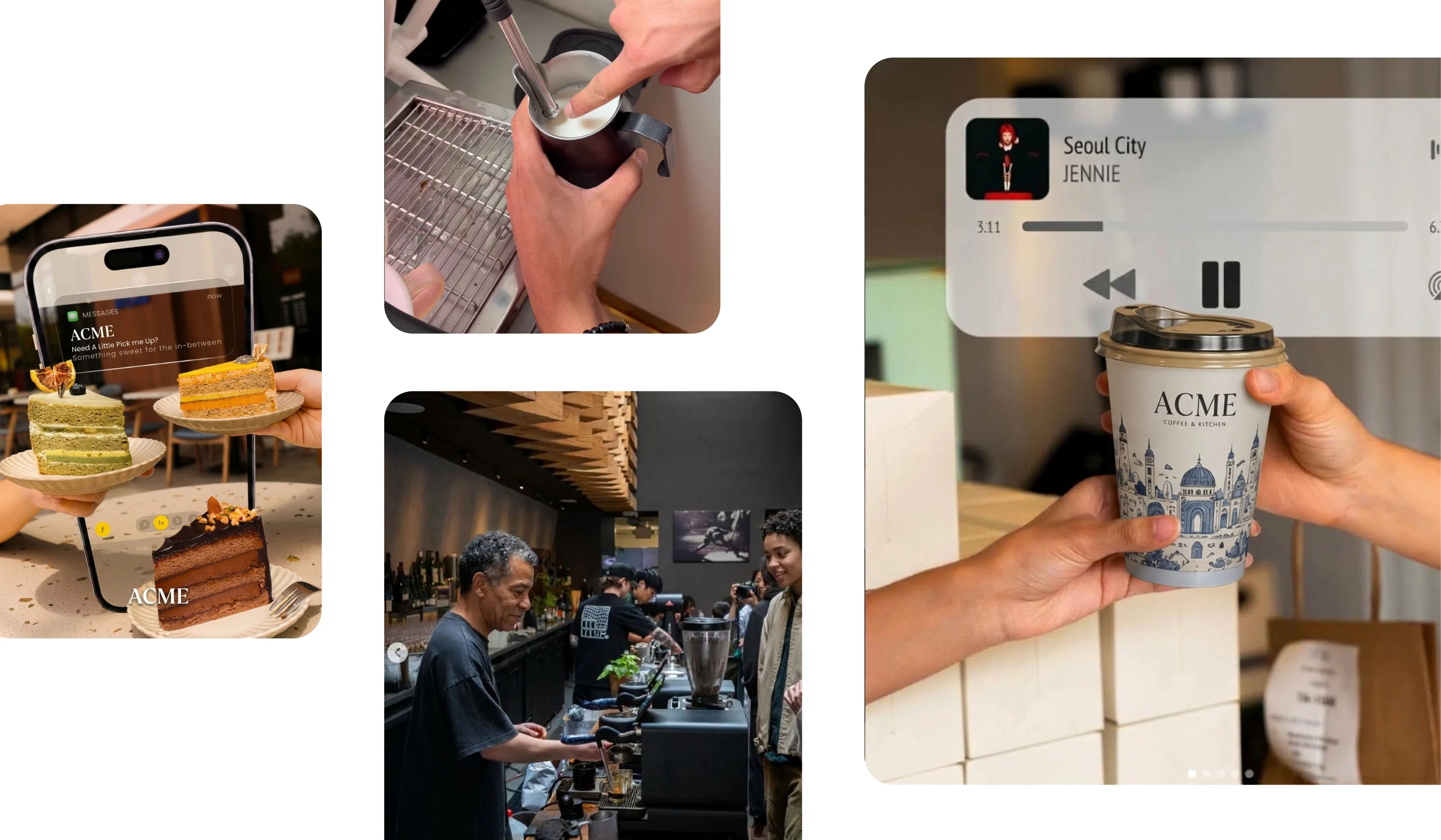 On-brand content made from real assets: a phone notification over cakes, a barista steaming milk, a busy coffee bar and a branded cup held in two hands.