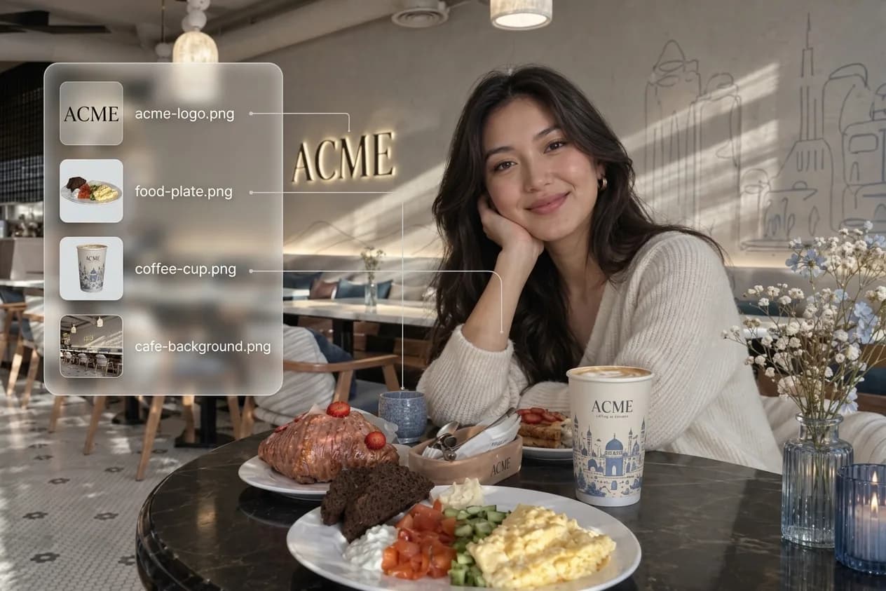 A café scene with its logo, food plate, coffee cup and interior listed as separate named assets: acme-logo, food-plate, coffee-cup and cafe-background.